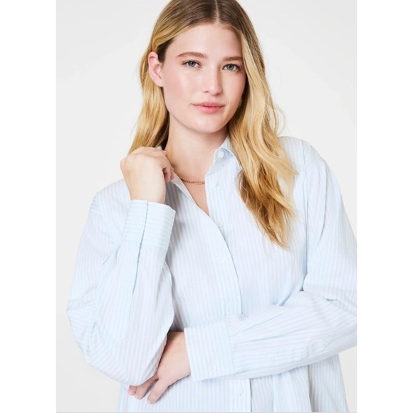 SPANX Tops - Spanx Relaxed Fit Poplin Shirt Sky Feeder Blue White Striped Cotton M